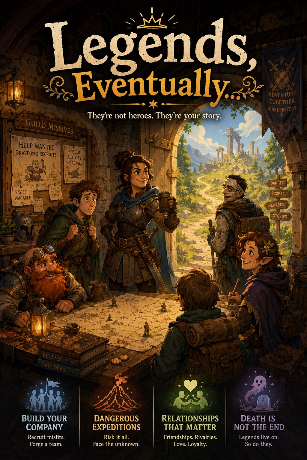 An unlikely adventuring company gathered in a guild hall